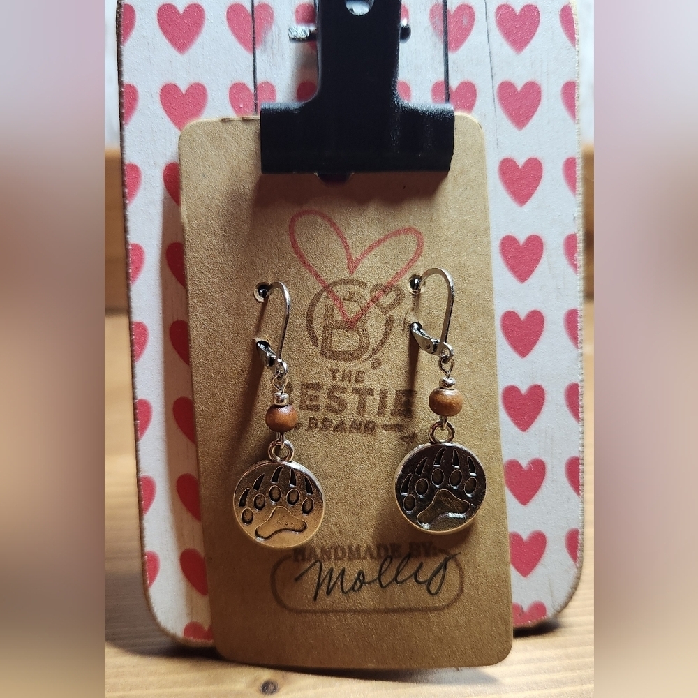 Handmade Silver Color Brown Wooden Beaded Bear Paw Print Charm Dangle Earrings